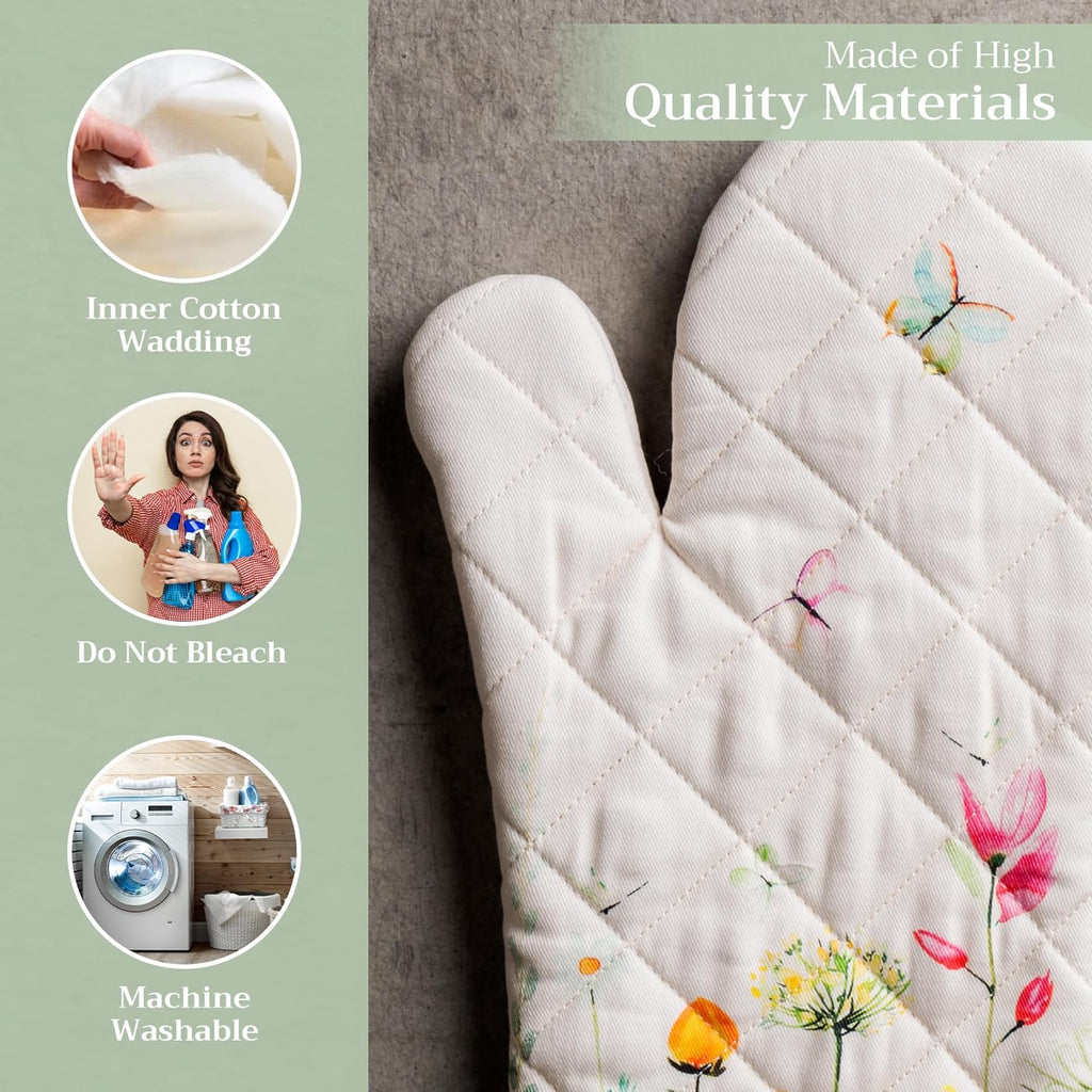 Maison d' Hermine Oven Gloves 100% Cotton Oven Mitt 7" x 13" with Loop Heat Resistant, BBQ, Cooking Gloves, Baking, Grilling, Kitchen, Handling Hot Pans Spring/Summer (Pack of 1, Botanical Fresh)