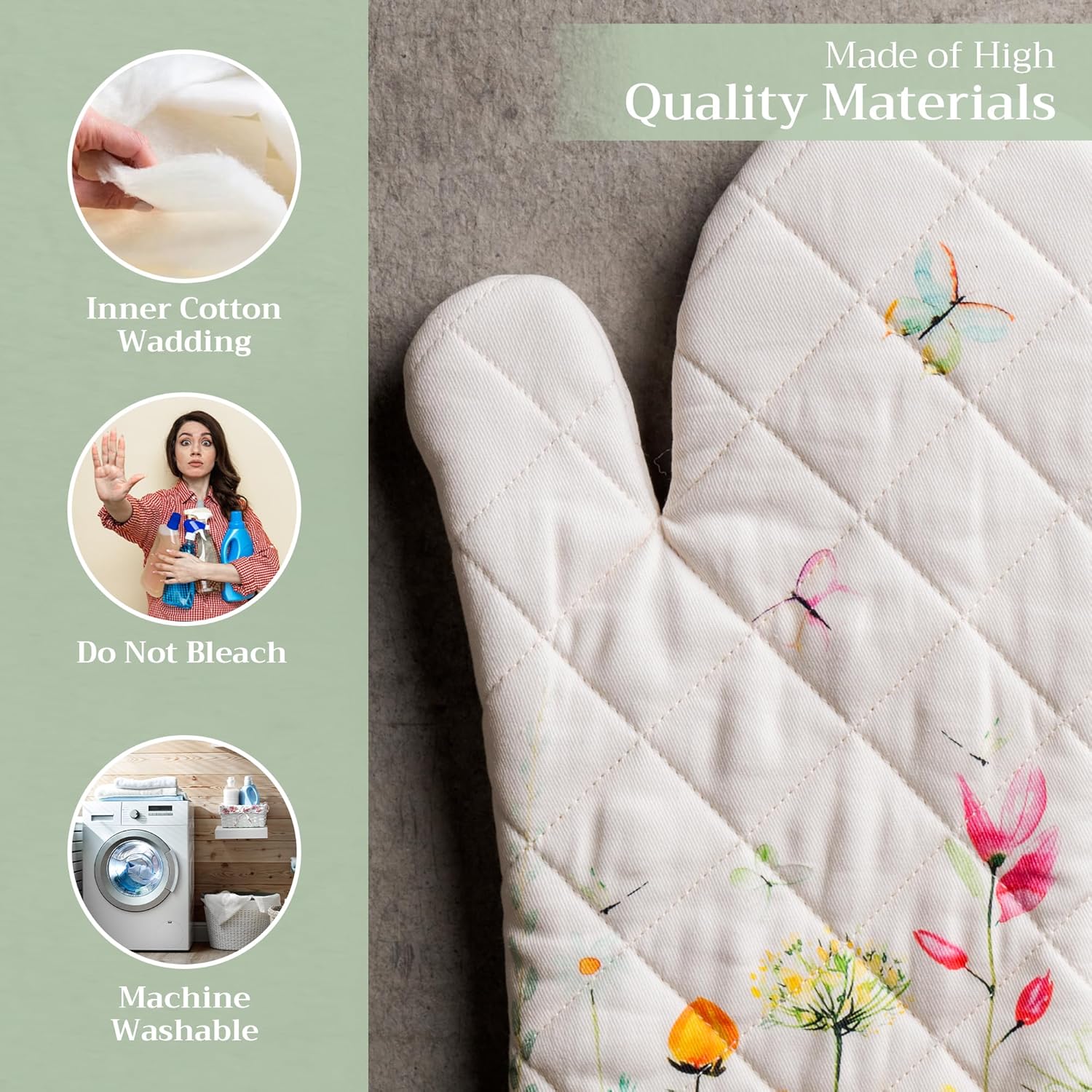 Maison d' Hermine Oven Gloves 100% Cotton Oven Mitt 7" x 13" with Loop Heat Resistant, BBQ, Cooking Gloves, Baking, Grilling, Kitchen, Handling Hot Pans Spring/Summer (Pack of 1, Botanical Fresh)