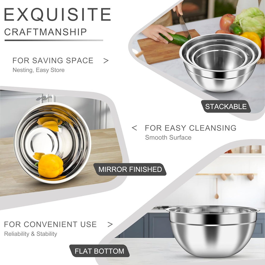 HaWare Mixing Bowls with Airtight Clear Lids, 6-Piece Stainless Steel Strong Nesting Bowls Set, Metal Salad Bowl for Cooking, Prepping, Baking, Serving & Food Storage, Size 4.6, 3, 1.5QT, Khaki