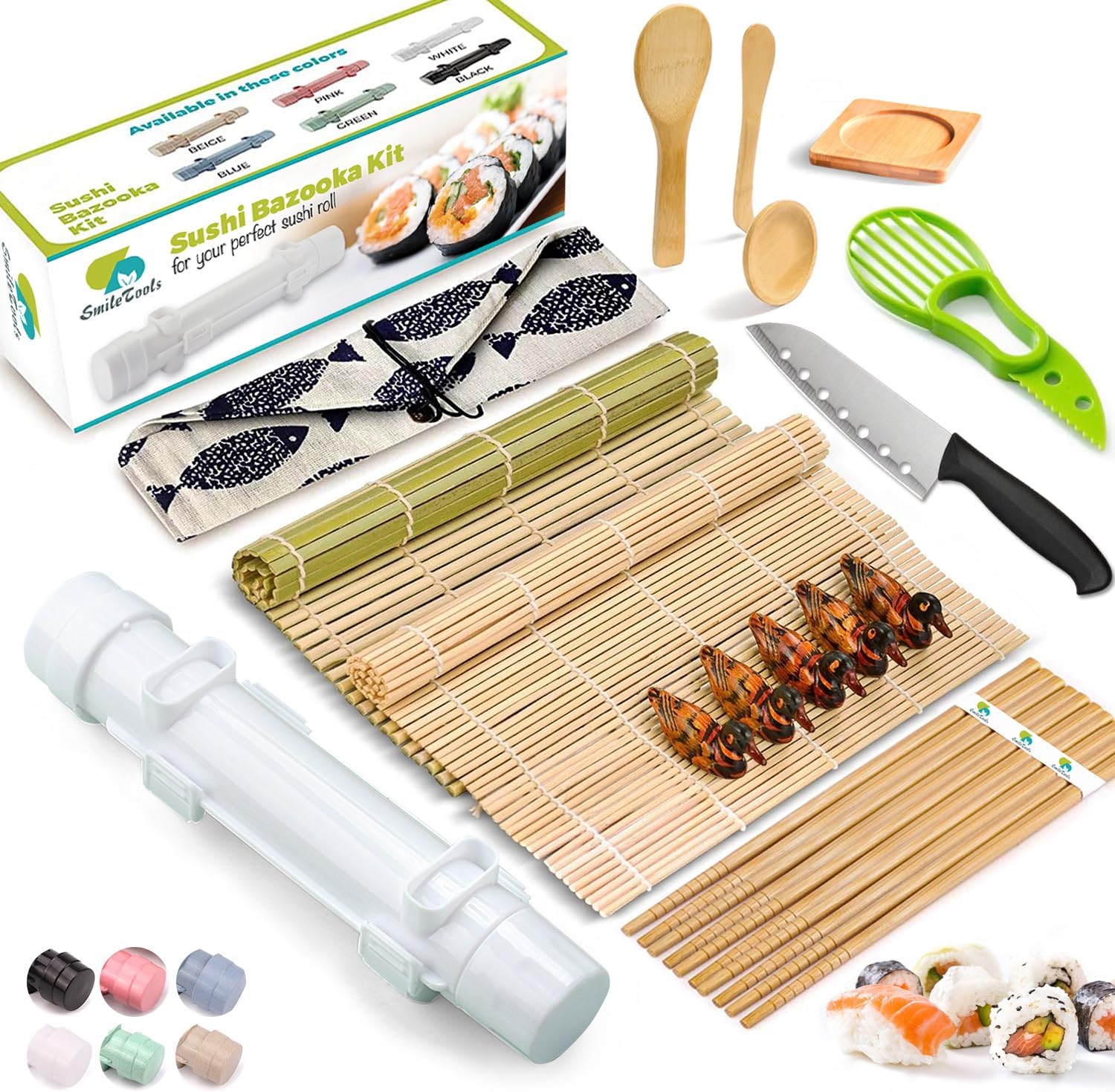 Sushi Making Kit, 22-in-1 Sushi Roller Kit with Bamboo Sushi Rolling Mat, Sushi Bazooka, Avocado Knife, Sushi Knife, Chopsticks, Sauce Dishes, Rice Spreader & More DIY Sushi Party Gift