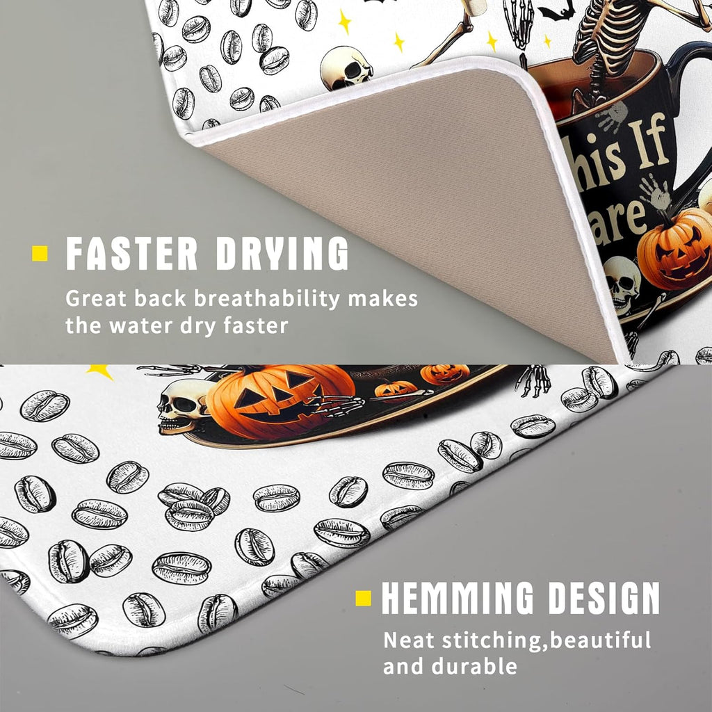 Funny Skull Coffee Matt for Counter Skeleton Dish Drying Mat Halloween Decoration for Home Coffee Bar