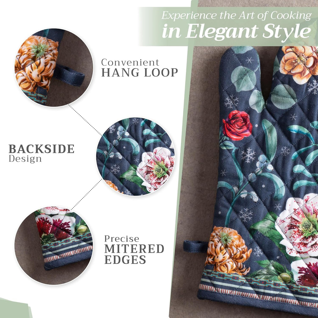 Maison d' Hermine 100% Cotton Oven Mitt & Pot Holder Set (7.5"x13" & 8"x8") Heat Resistant BBQ Cooking Gloves with Loop, Baking, Grilling, Kitchen, Handling Hot Pans (Christmas Joy)