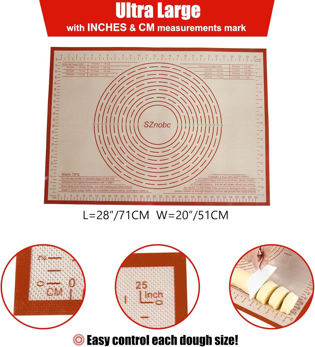 Non-slip Silicone Pastry Mat 28X20 inches Baking Mat with Measurement, Perfect for Dough, Pastry, Pie Crust, Fondant, Cookies, Bread, Pasta, Pizza, Food Grade Kitchen Counter Mats