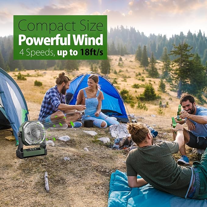 20000mAh Camping Fan, Rechargeable Portable Fan with 400 Lumes Light, 360° Rotatable Hook, 270° Pivot, 4 Speeds, 58Hrs Battery Powered for Tent Car Trip Outdoor BBQ Hurricane Power Outages