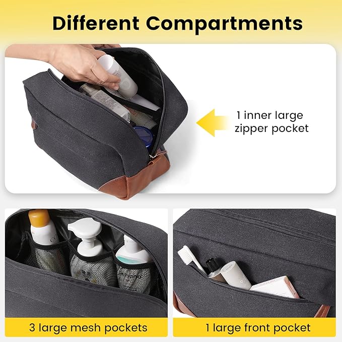 Vorspack Large Toiletry Bag Hanging Dopp Kit for Men Water Resistant Canvas Shaving Bag with Large Capacity for Travel - Dark Grey