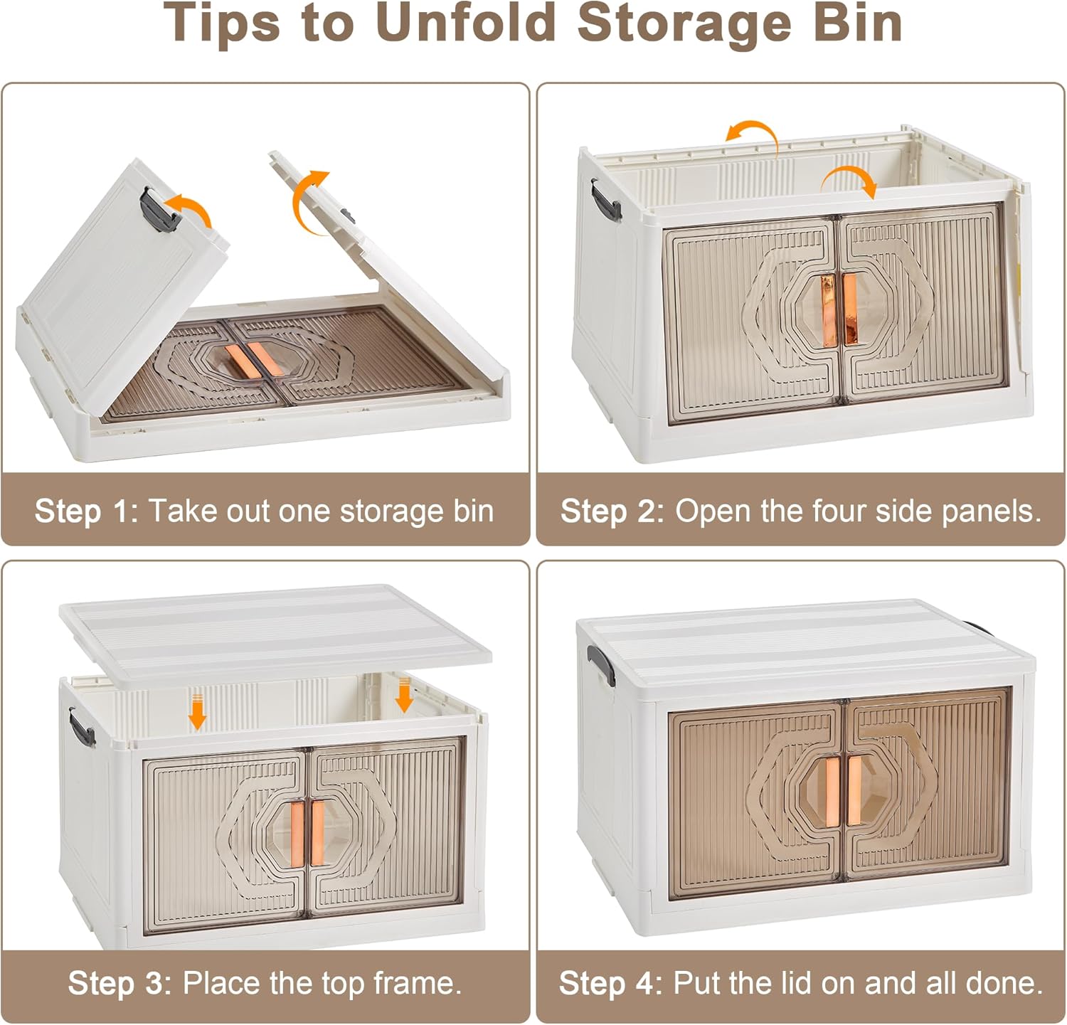 VECELO 19 Gal Stackable Storage Bins with Lid, 5 Pack Plastic Collapsible Storage Cabinet, Foldable Folding Box Organizer/Storage Container Cart with Wheel and Double Door for Home Office, White