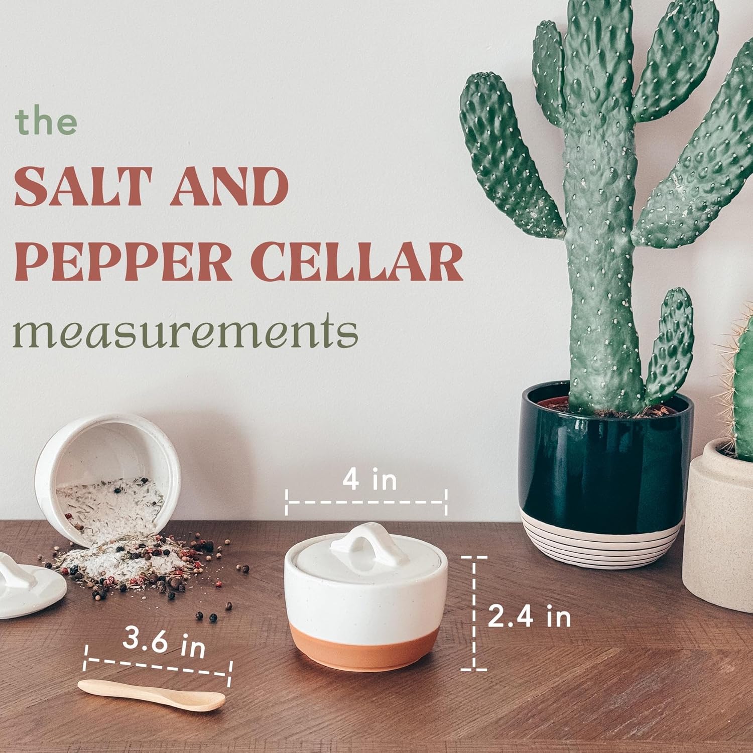 Mora Ceramic Salt and Pepper Cellar Set with Lid - 10 oz Modern Canister/Container/Bowl for Storage, Sea Salt, Spice, Sugar, Countertop - Small Dish/Jar with Wood Spoon, White Crock