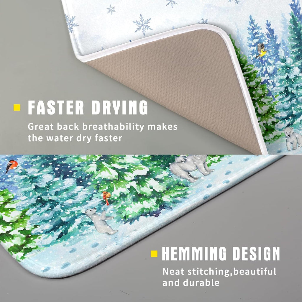 Watercolor Winter Dish Drying Pad Forest Kitchen Mat for Counter for Home Season Decor