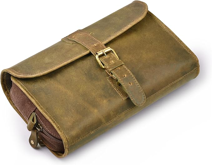 LEATHER VILLAGE Hanging Toiletry Bag for Men & Women, Handcrafted Vintage Cosmetic & Shaving Organizer Travel Dopp Kit- Mud