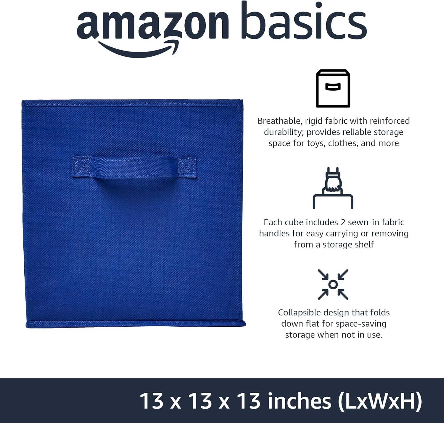 Amazon Basics Cube Organizer Storage Bins Handles, Collapsible Fabric, Pack of 6, 13"x13"x13", Navy