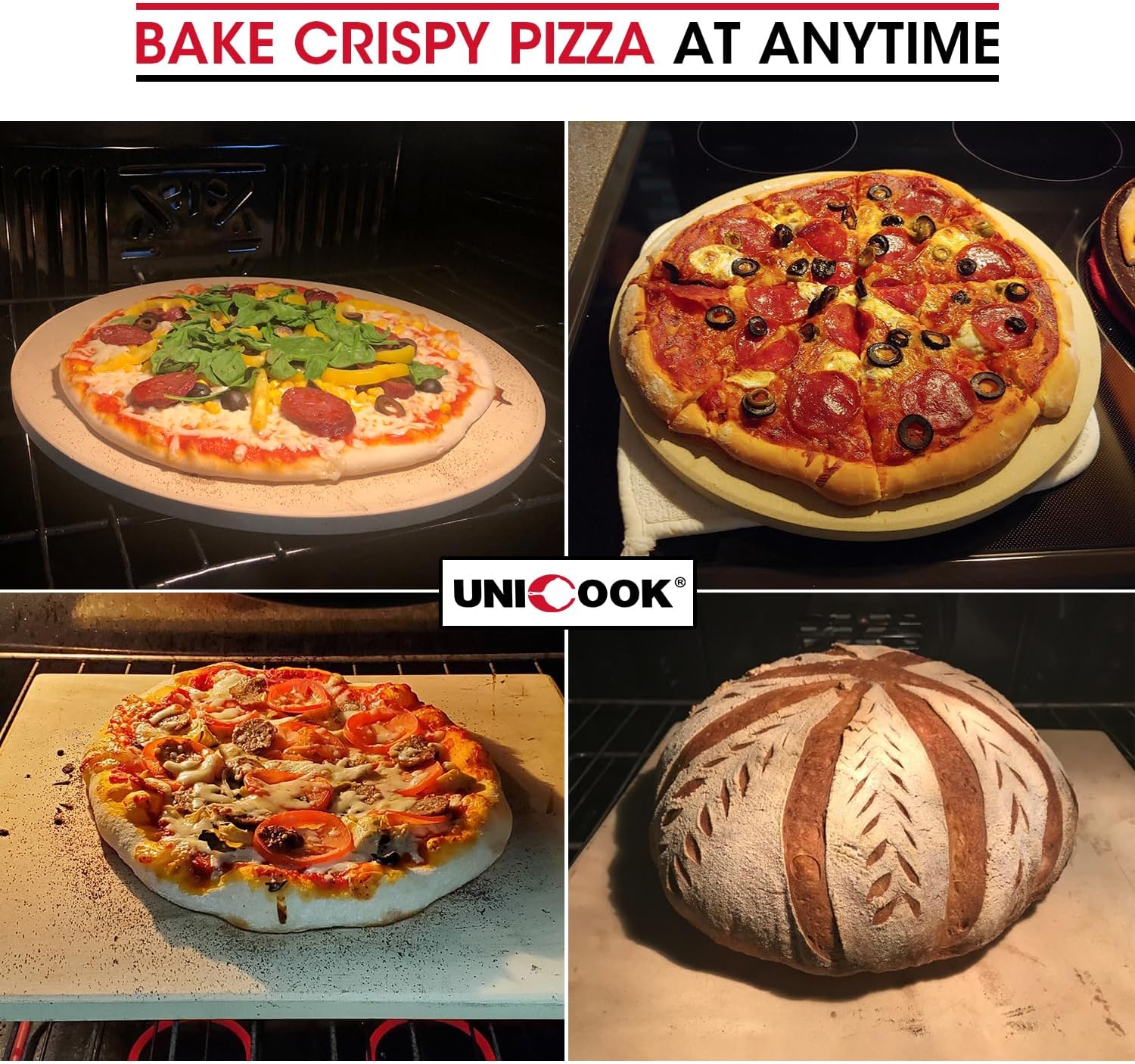 Unicook Pizza Stone for Grill Oven, 15 Inch Round Baking Stone, Heavy Duty Cordierite Bread Cooking Pan, Thermal Shock Resistant, Ideal for Making Crisp Crust Pizza, Bread and More, Includes Scraper