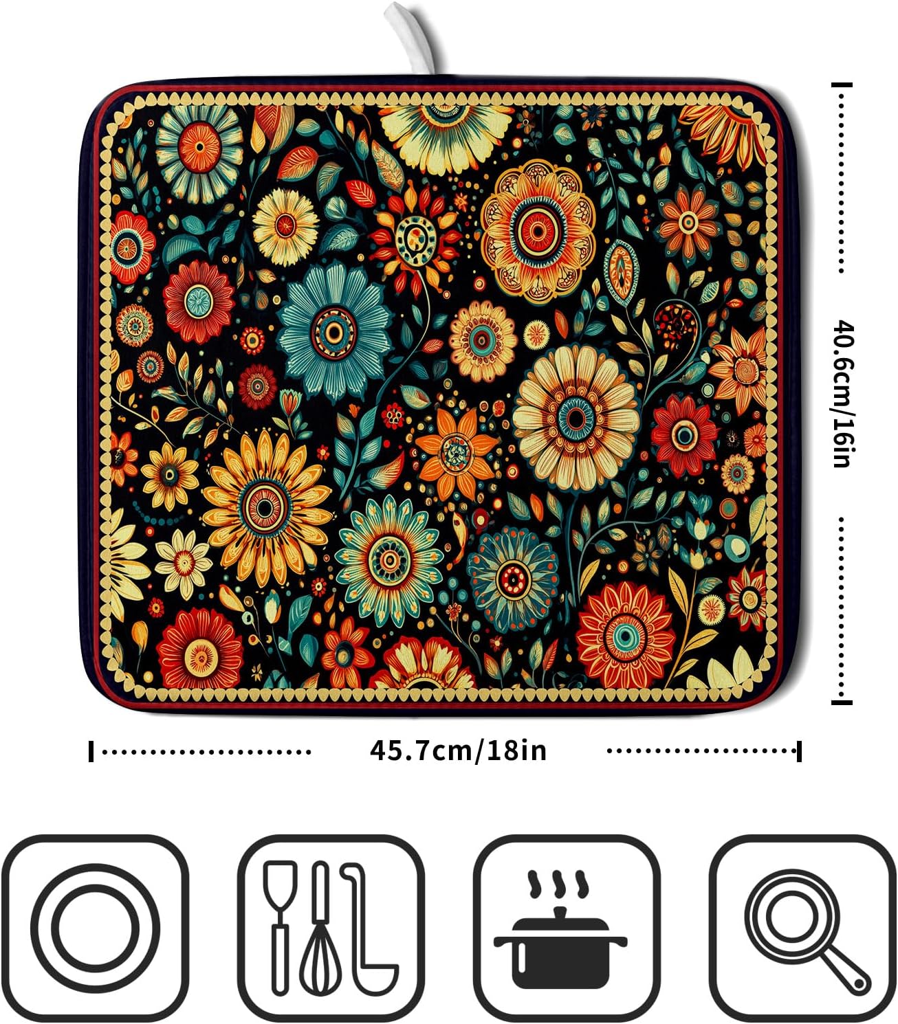Bohemian Style Flowers Drying Pad Boho Floral Dish Drying Mat for Kitchen Counter Absorbent Microfiber Drainer Rack Mat