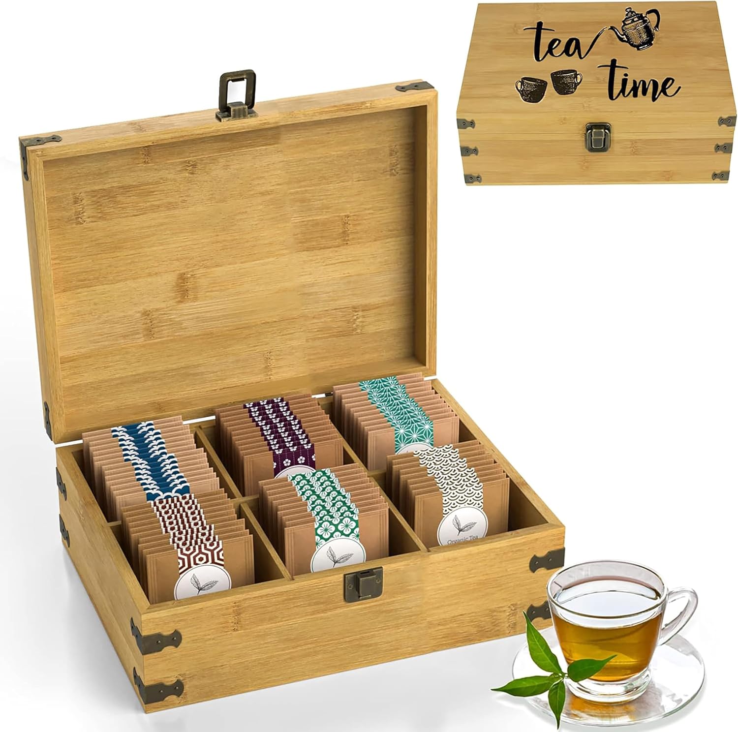 Bamboo Tea Organizer Box Chemical Free Eco-Friendly Big, Tall, Adjustable Cubbies Natural Wooden Storage Chest (Tea Time, 6-Slot 11" x 8.1" x 4.2")