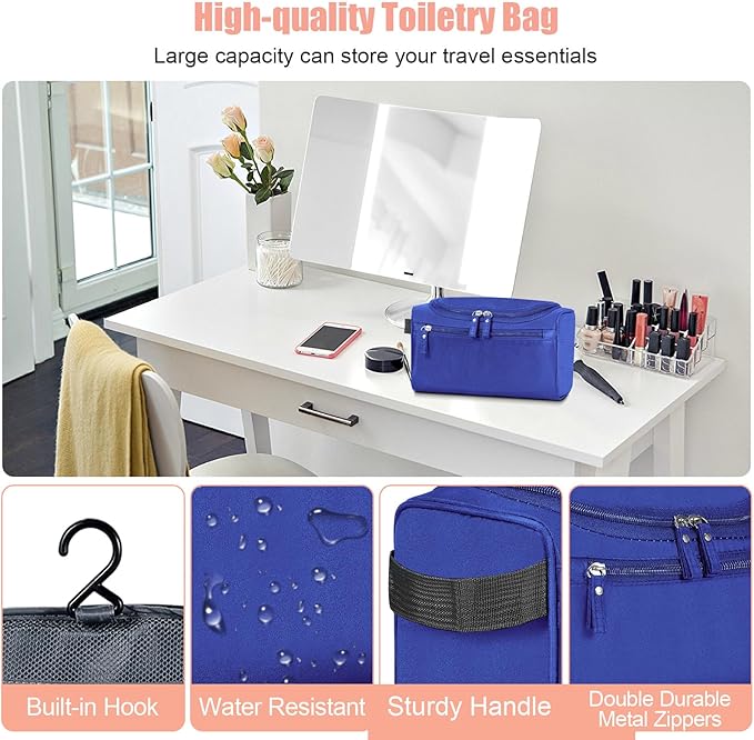 Hanging Toiletry Bag for Women and Men Traveling Makeup Large Capacity Cosmetics Portable Dopp Kit Storage Organizer Bag with Hanging Hook for Toiletries Brushes (Navy Blue)