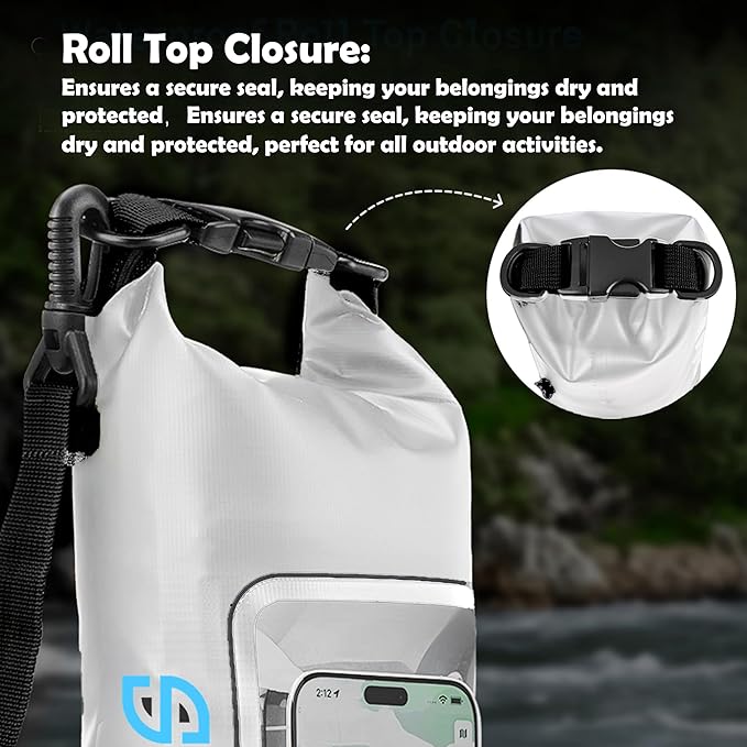 2L Waterproof Dry Bag - Multifunctional Waterproof Dry Pouch for Phone and Valuables - Essential for Outdoor Travel, Beach, Swimming, Boating, Camping (White)