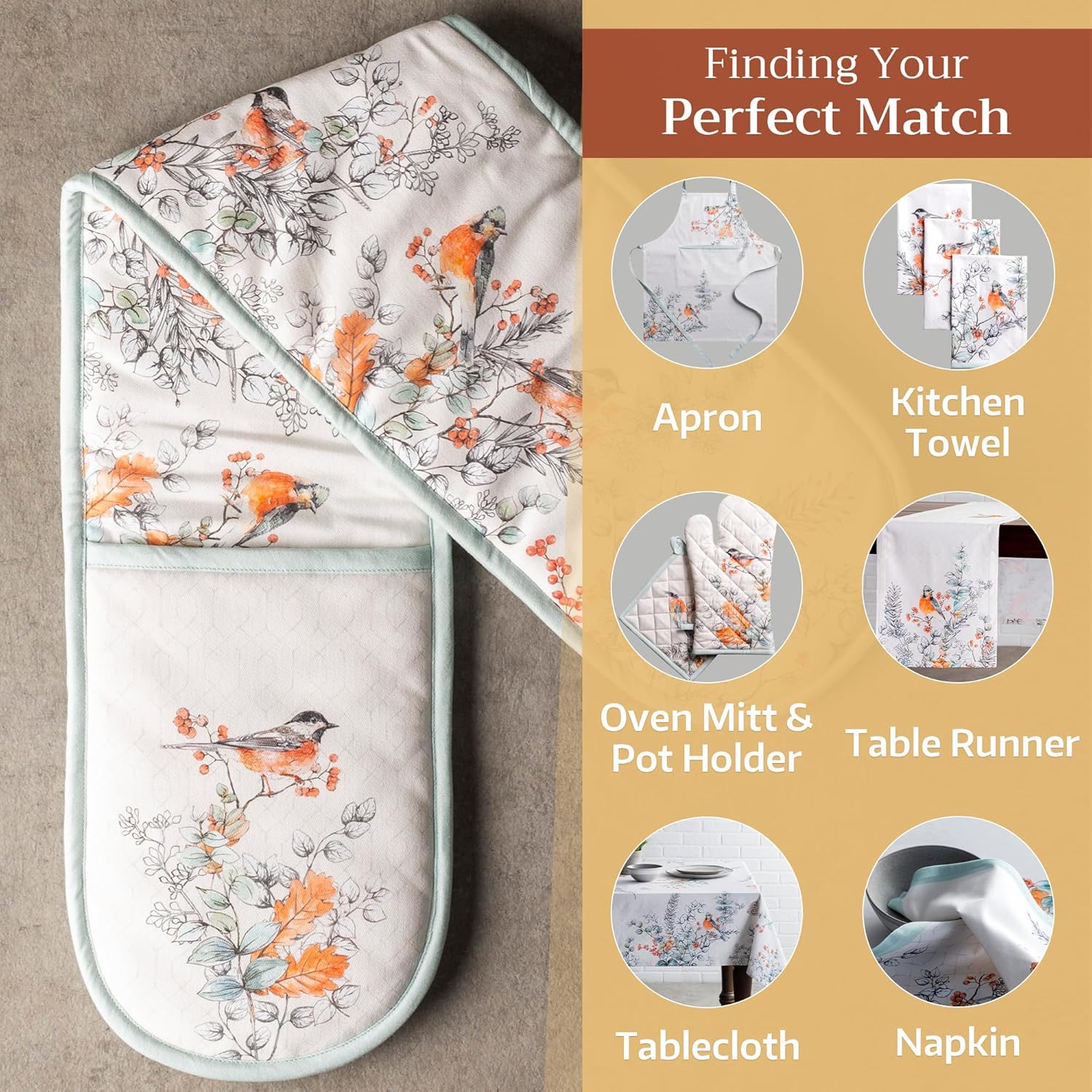 Maison d' Hermine Double Oven Mitt 100% Cotton Heat Resistant Cooking Gloves with Loop, Baking Barbeque, Handling Hot Pan, Whitish Shabby Chique - Thanksgiving/Christmas (7 Inch x 35 Inch)