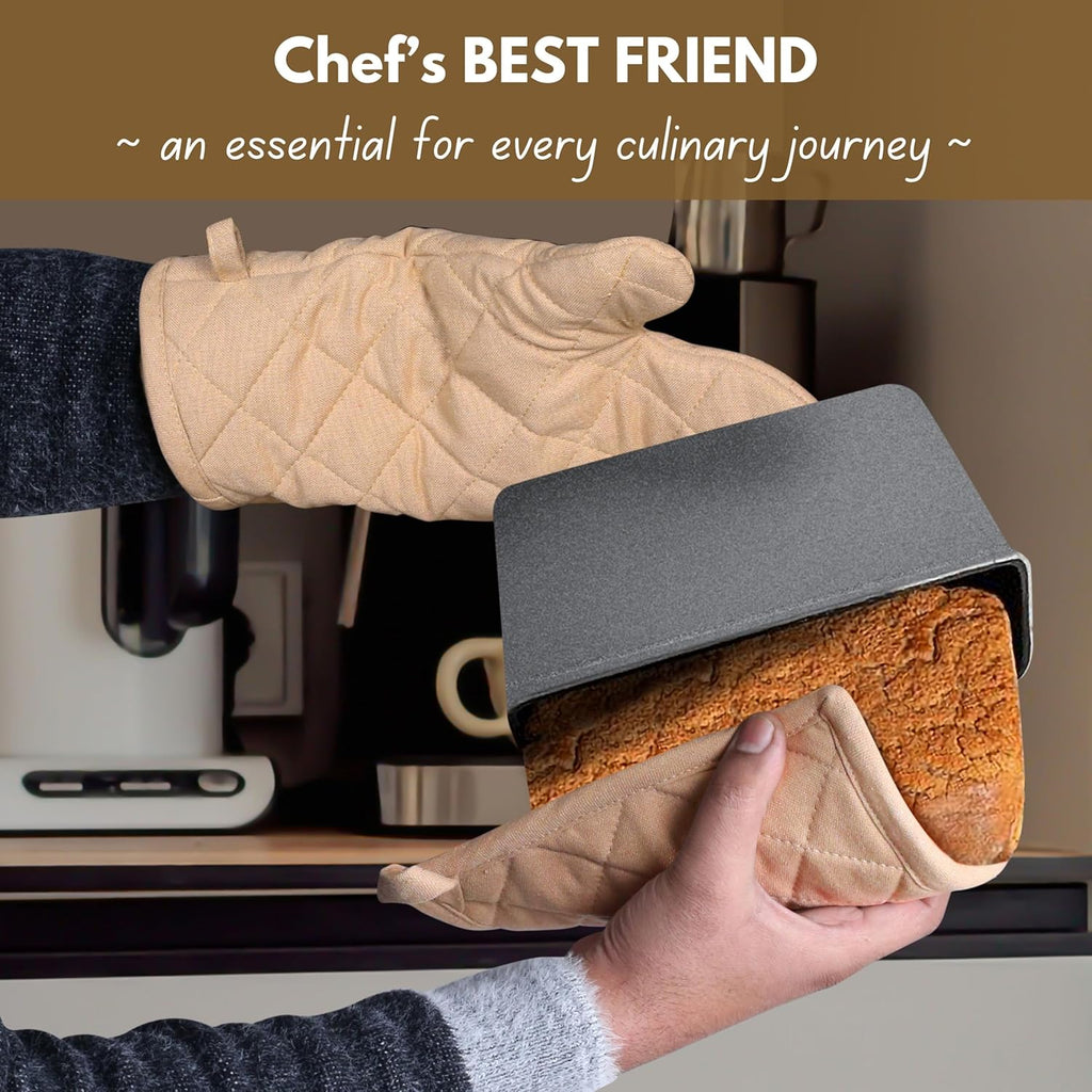 Native Fab Pot Holders and Oven Mitts Sets for Kitchen Heat Resistant- Hanging Non-Slip - 100% Cotton Oven Mitts and Pot Holders 4-Piece Set- Beige