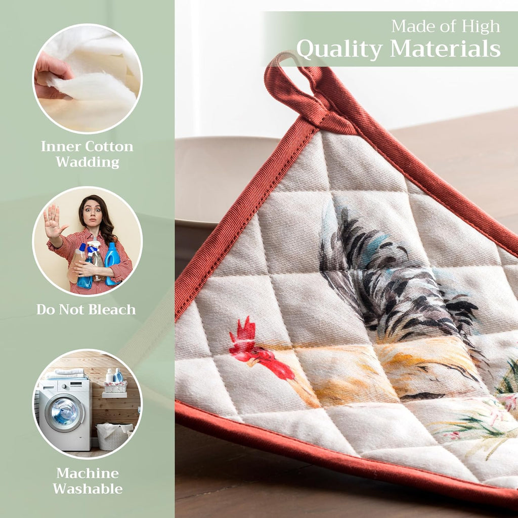 Maison d' Hermine Pot Holders Set 100% Cotton Heat Resistant Potholders 8" x 8" Hot Pads with Loop BBQ, Cooking, Baking, Grilling, Kitchen, Handling Hot Pans Spring/Summer (Pack of 2, Campagne)