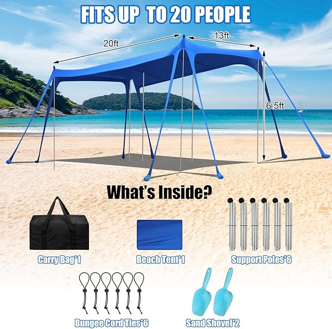 Beach Tent Sun Shelter UPF 50+ Beach Shade Canopy Pop up Tent Portable Cabana Outdoor with Aluminum Poles Sandbags Sand Shovel for Camping Fishing Trip Picnic Party