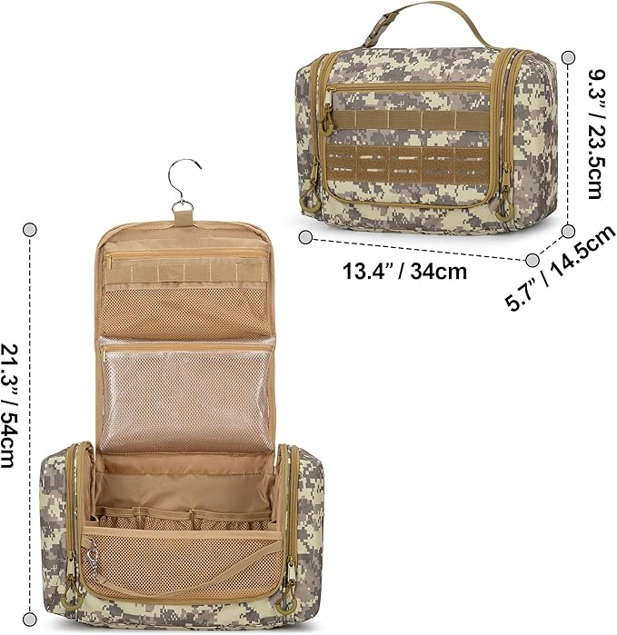 Tactical Toiletry Travel Bag for Men, Hanging Dopp Kit Hygiene Bag Shower Organizer with Hook for Toiletries and Shaving Care, Desert Yellow (Empty Bag)