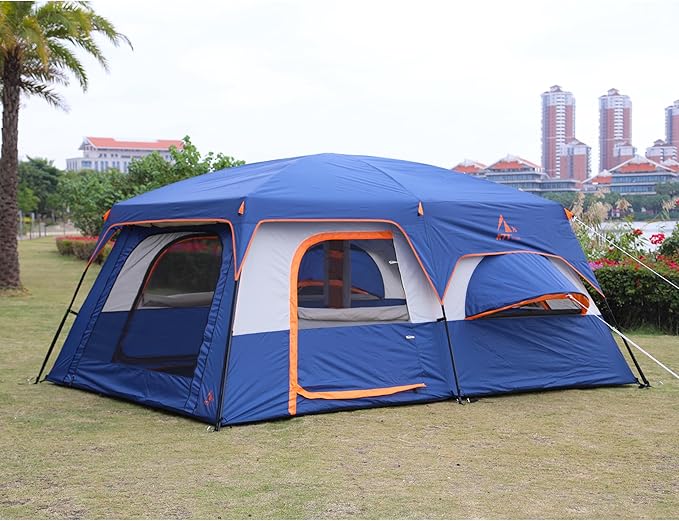 KTT Extra Large Tent 10-12-14 Person(B),Family Cabin Tents,2 Rooms,3 Doors and 3 Windows with Mesh,Straight Wall,Waterproof,Double Layer,Big Tent for Outdoor,Picnic,Camping,Family Gathering