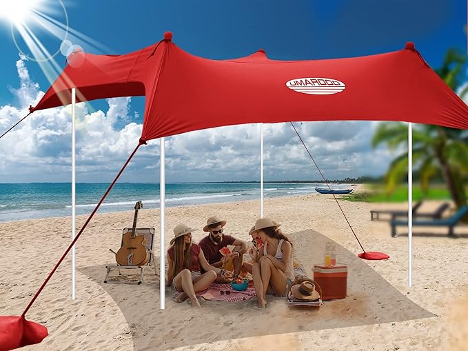 UMARDOO Family Beach Tent Canopy Sun Shade Portable, Large Compact Beach Sun Shelter Easy Setup with Packable Bag for Outdoor Travel (Red, 10X10 FT. 4Poles)