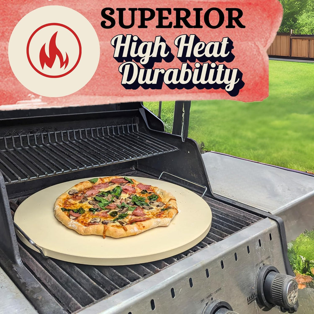 16 inch Round Pizza Stone for Oven - Large Pizza Stone for Grill with Handles and Dough Tool - Round Baking Stone for Bread - Pizza Making Accessories - Cooking Gifts for Food Lovers