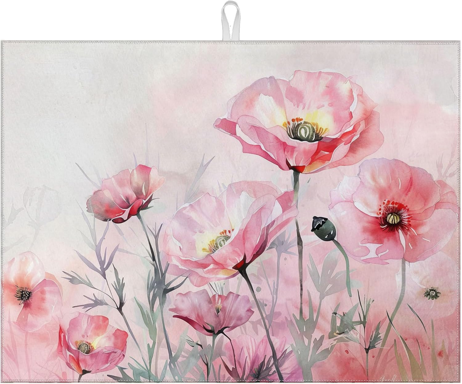 Pink Poppy Flower Dish Drying Mat for Kitchen Counter Microfiber Absorbent Dish Kitchen Drying Mat Draining Reusable Washable for Dishes/Utensils/Counterto