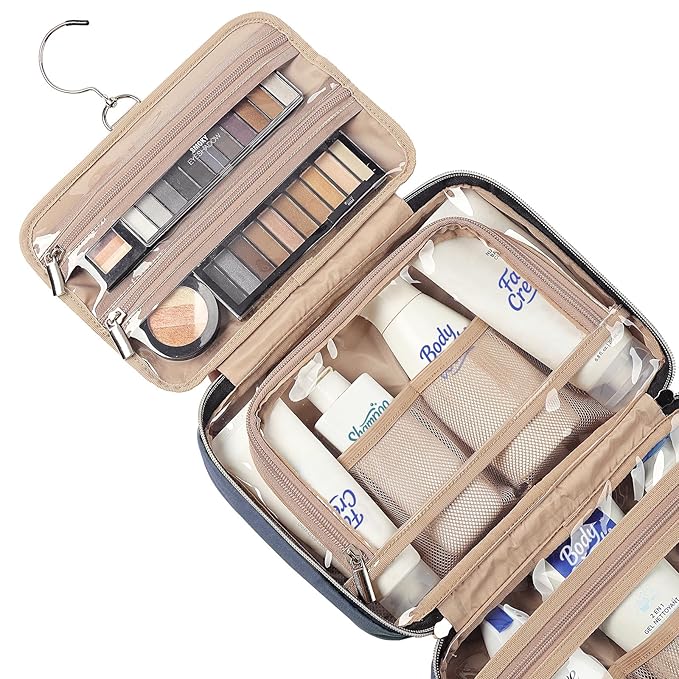 NISHEL Travel Toiletry Bag for women, Portable Hanging Organizer for Travel-Sized Shampoo, Conditioner, Brushes Set, Makeup Accessories, Medium Size, Aegean-Blue