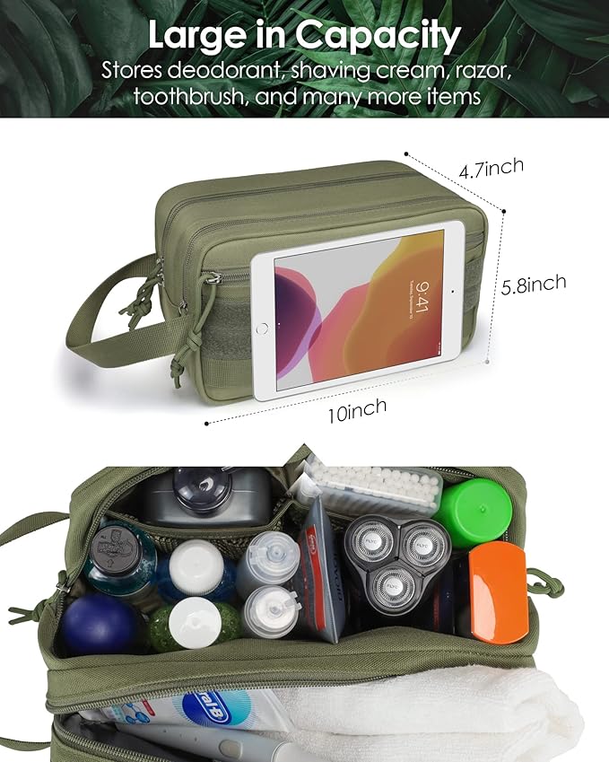 TACTICISM Toiletry Bag for Men - Dry Wet Separate Travel Toiletry Bag, Tactical Molle Dopp Kit for Men with Large Capacity, Water-Resistant Shaving Bag for Adult Women for Travel, Green