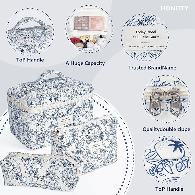Makeup Bag,Quilted Cosmetic Bags,Large Floral Make Up Organize bag,Makeup Bag Set for Women,Flower Travel Toiletry Bag