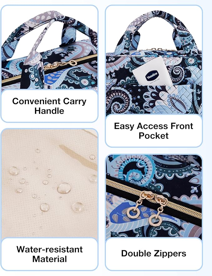 BAGSMART Toiletry Bag Travel Bag with Hanging Hook, Water-resistant Makeup Cosmetic Bag Travel Organizer for Accessories, Shampoo, Full Sized Container, Toiletries (Blue Paisley, Large)