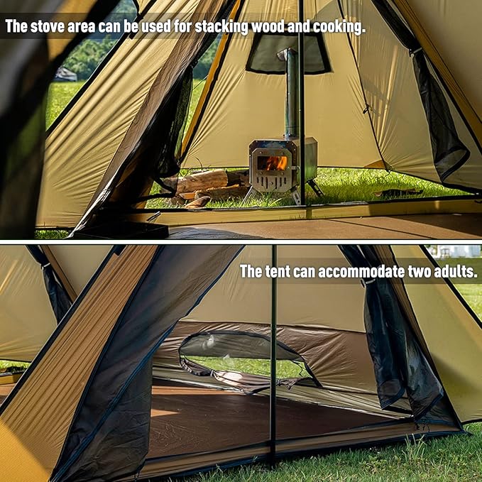 POMOLY Hot Tent Bushcraft Tent, STOVEHUT 20 2.0 Ultralight Shelter with 4 Poles for 1-2 Person Camping, Backpacking (Brown)