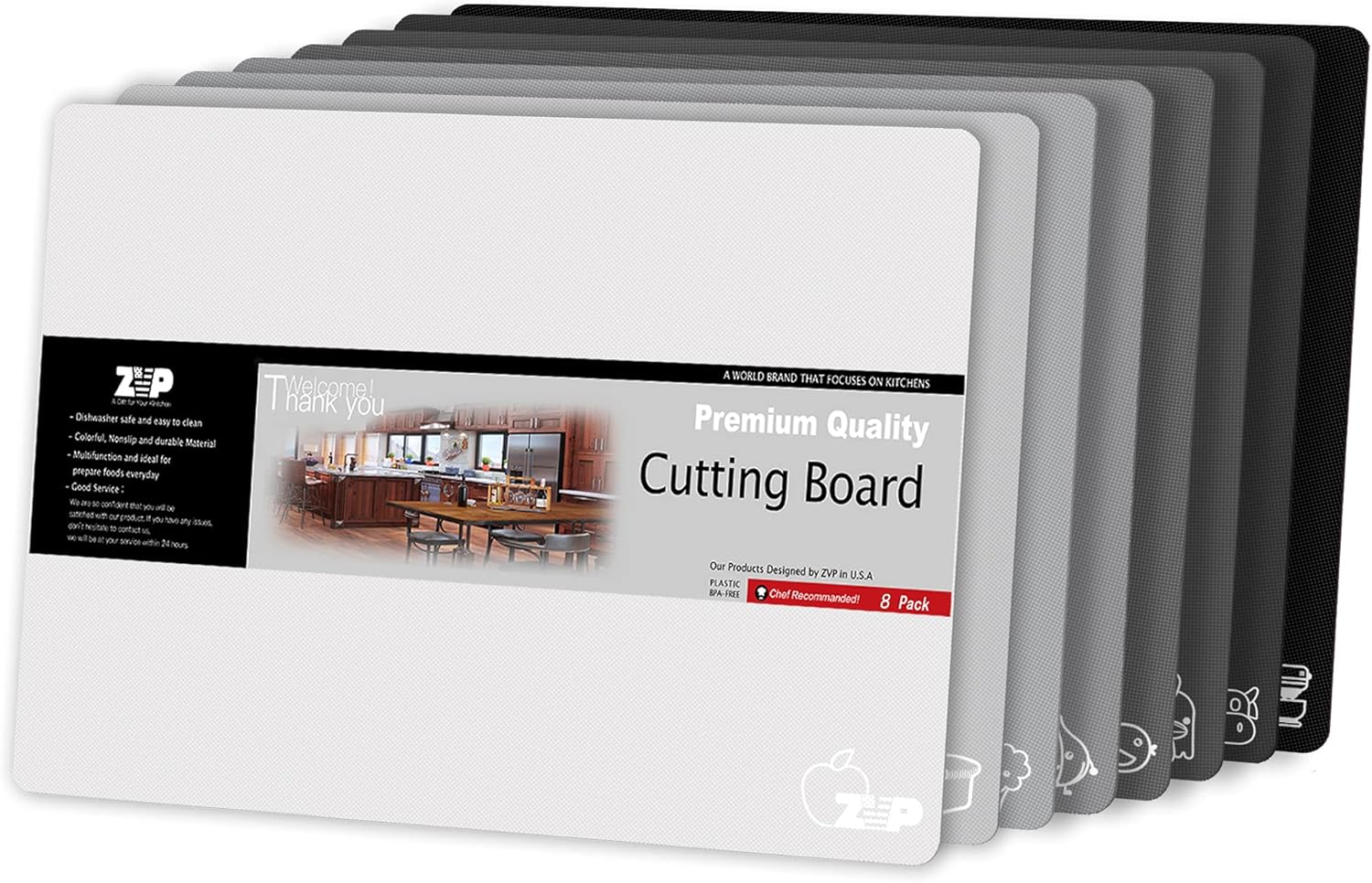 ZVP Plastic Cutting Boards for Kitchen, Flexible Cutting Mats, Gradient Gray Chopping Boards with Food Icon, Non-Slip, Non Porous, BPA Free, Dishwasher Safe