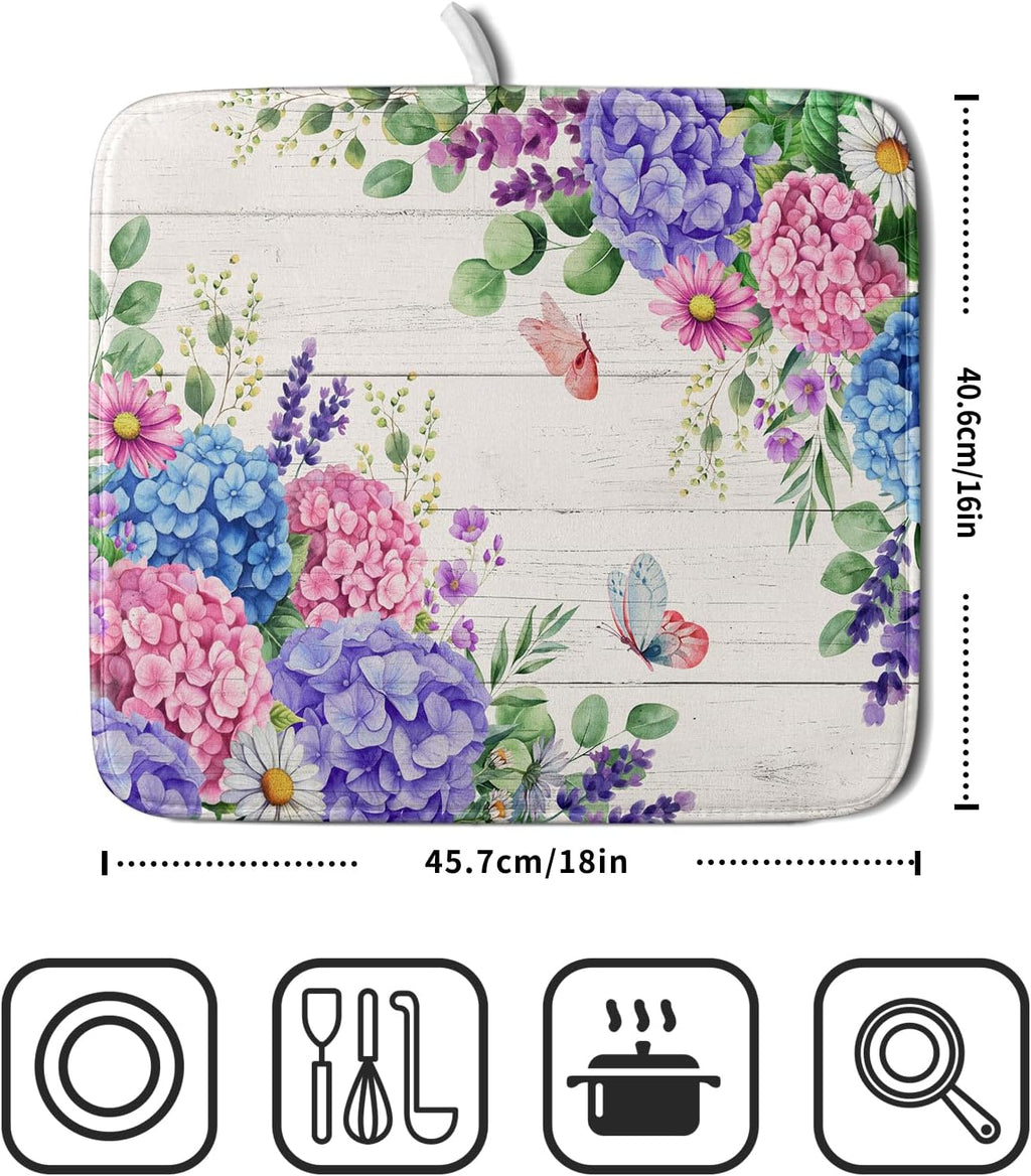 Hydrangea Floral Dish Drying Mat 16x18 inch Spring Summer Decorative Fast Dry Dishes Draining Mats Absorbent Microfiber Drainer Rack Pad