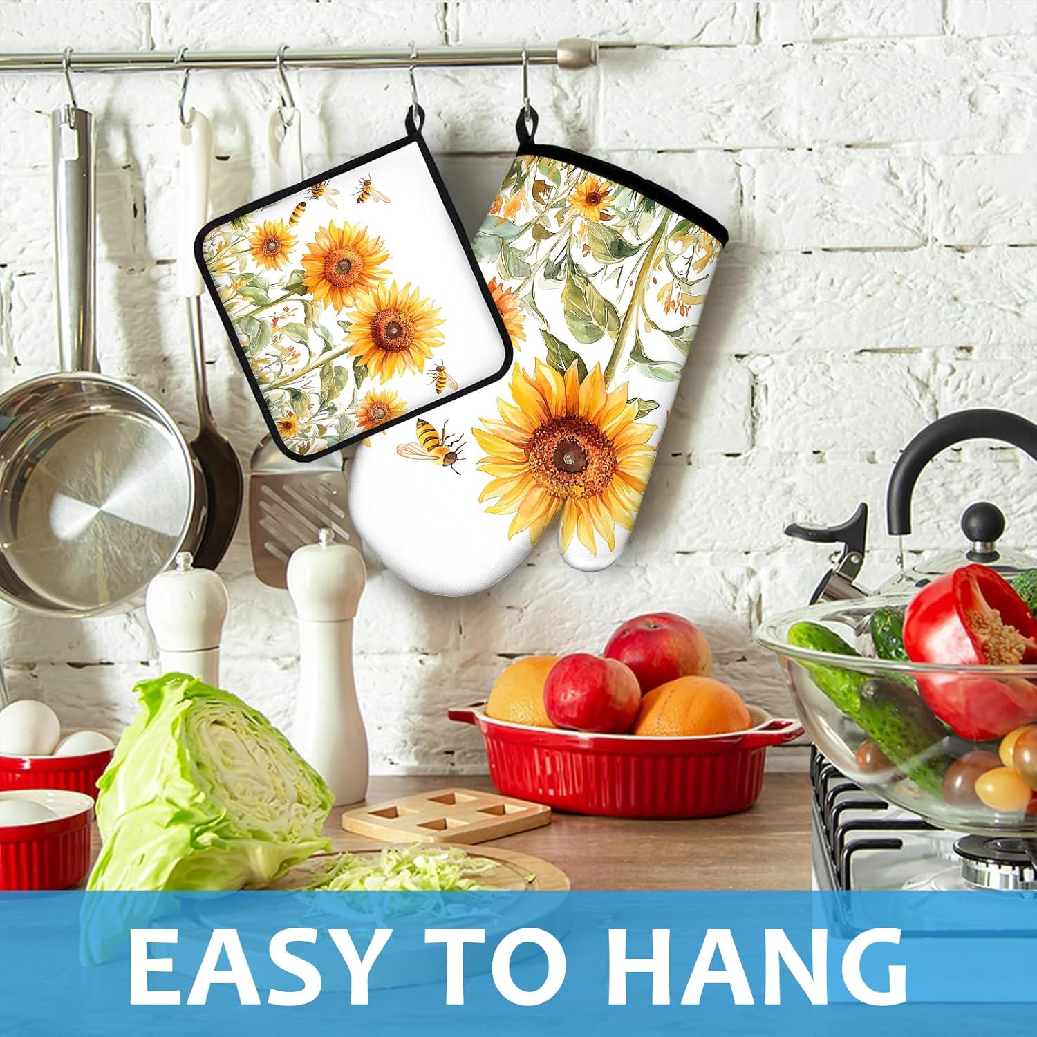 Watercolor Sunflower Oven Mitts and Pot Holders Sets Heat Resistant 4Pcs Busy Bee Potholders Oven Gloves Hot Pads for Kitchen Baking Cooking Grilling BBQ