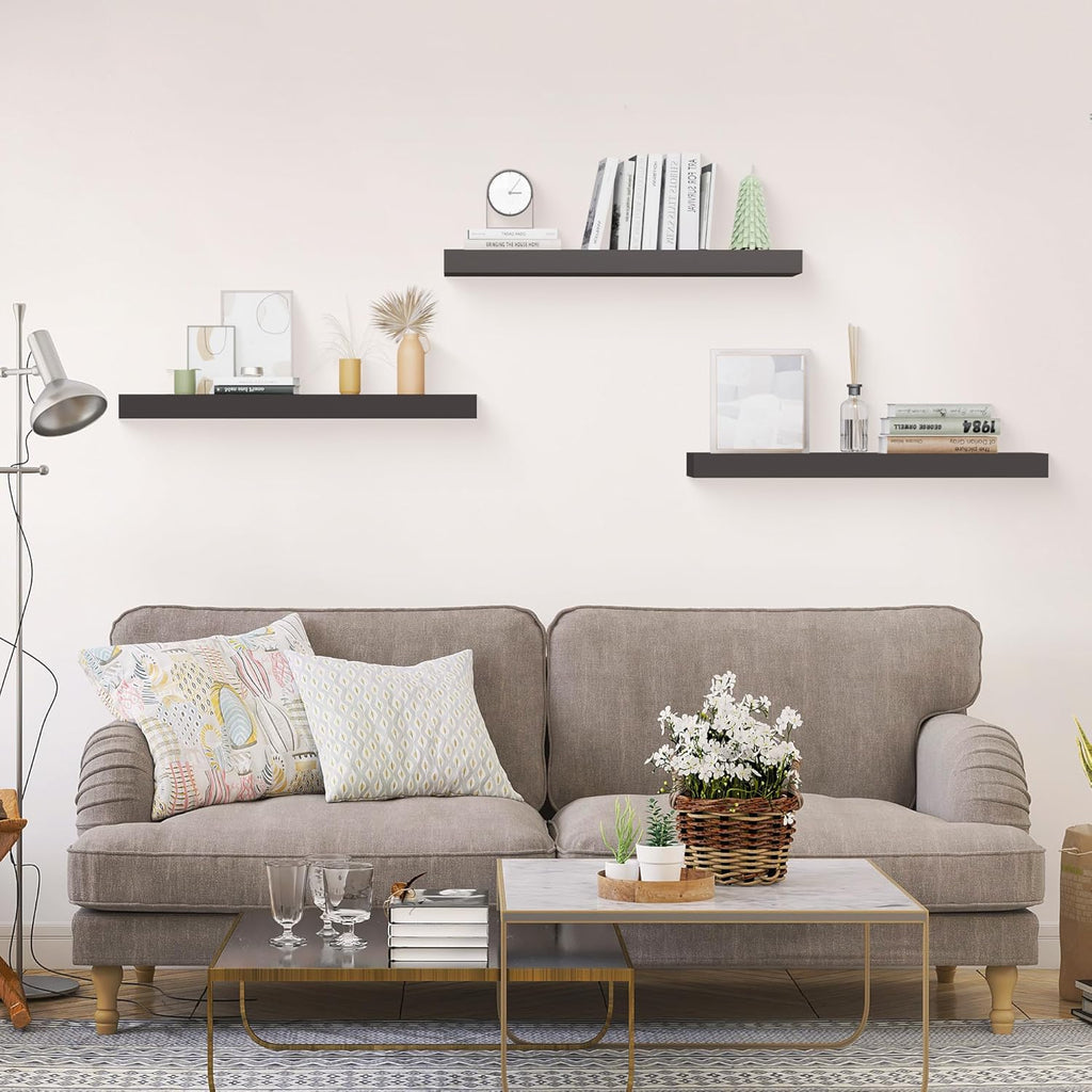 Colima Floating Shelves for Wall Black Wood Wall Shelf for Bedroom, 24 Inch Wall Mounted Floating Shelves for Bathroom Living Room Kitchen Office, 1.3" Thick Floating Book Shelves for Wall, Set of 3