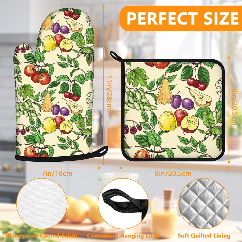 Fruit Oven Mitts and Pot Holders Sets 4Pcs,Extra Long Oven Gloves Potholder for Kitchen Cooking Baking BBQ 100% Cotton Heat Resistant