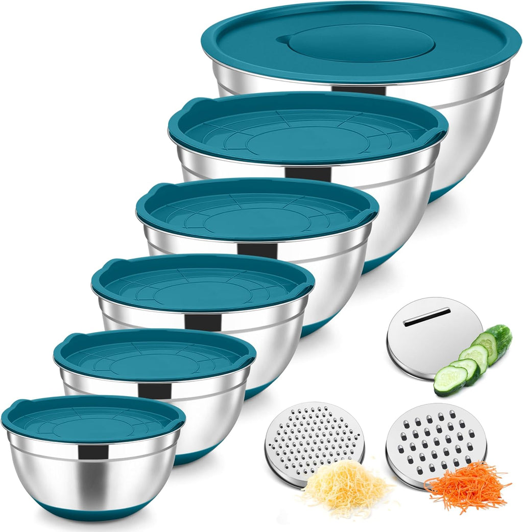 TeamFar Mixing Bowls, Stainless Steel Nesting Salad Bowl with Lids & 3 Graters, For Kitchen Cooking Serving Prepping, Airtight & Non-Slip, Size 4.6/3.5/2/1.5/1/0.7 QT, Set of 5 & Blue