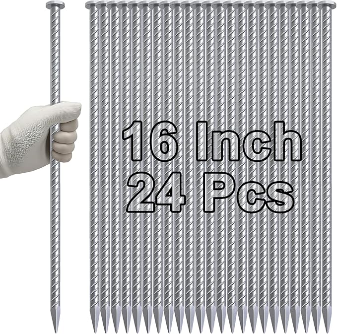 VVOKGO 16 Inch Rebar Stakes 1/2 Inch Diameter Galvanized Steel Ground Anchors Heavy Duty，Metal Asphalt Anchoring Spikes for Speed Bump, Handicap Threshold Ramps，Parking Limits Curb and Tent (24 Pack)