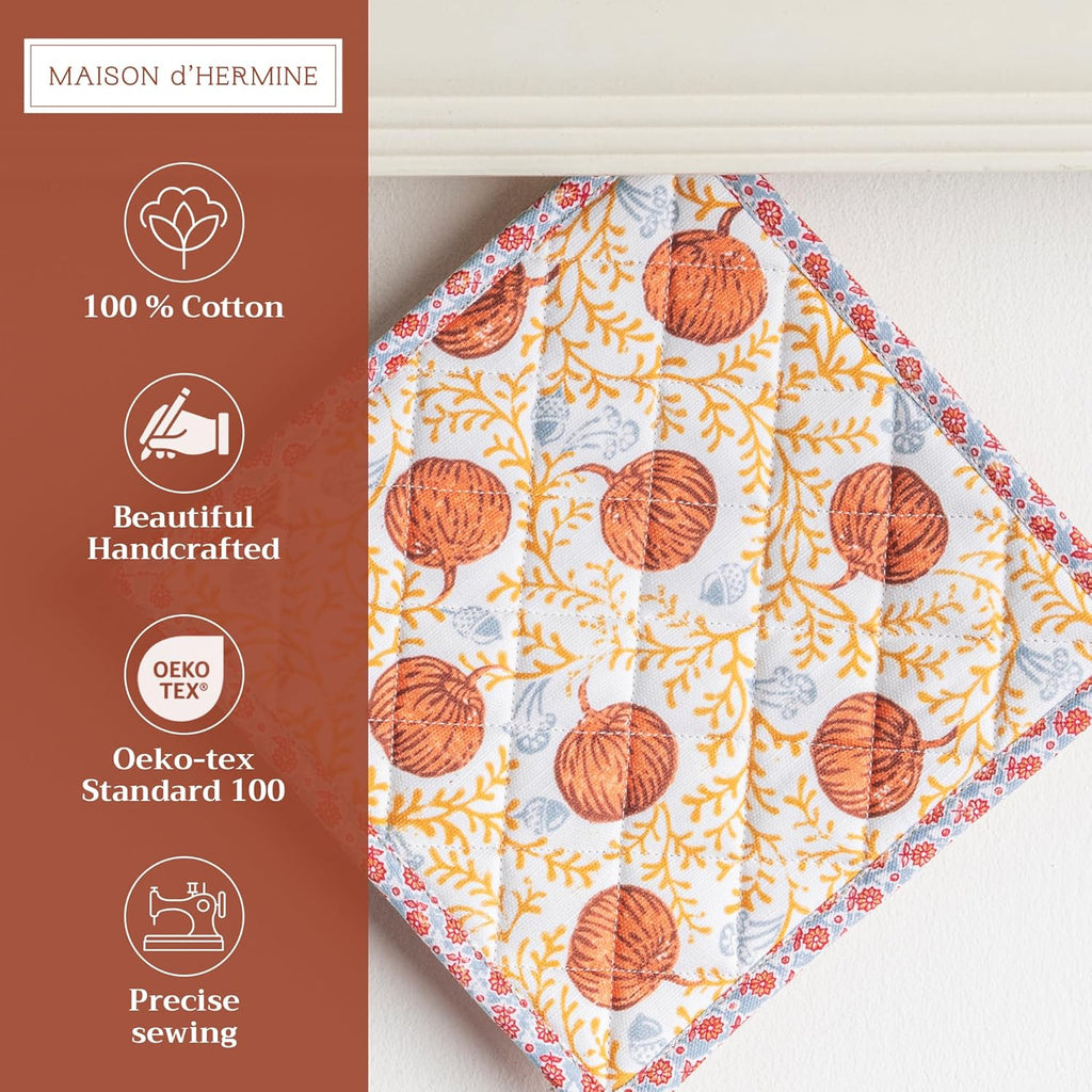 Maison d' Hermine Pot Holders 100% Cotton Heat Resistant Potholders 8" x 8" Hot Pads with Loop BBQ, Cooking, Baking, Grilling, Kitchen, Handling Hot Pans (Pack of 1, Harvest Festival)