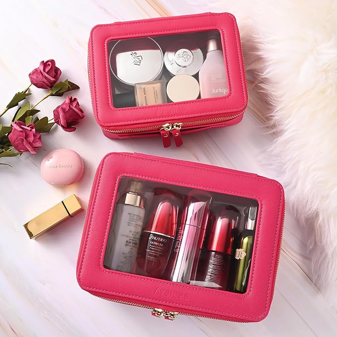 Aveniee Large Clear Makeup Bag Cosmetic bags, Travel Toiletry Bag for Women, Clear Make up Bag Case, Chic Makeup Pouch with Transparent Vinyl Windows & Gold Zippers(Hotpink)