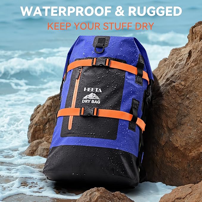 HEETA Waterproof Dry Bags Backpack 40L for Men & Women, Roll Top Heavy Duty Cushioned Hiking Backpack for Kayaking Boating Paddle Boarding Fishing Travel Camping Beach Vacation Cruise Ship Essentials