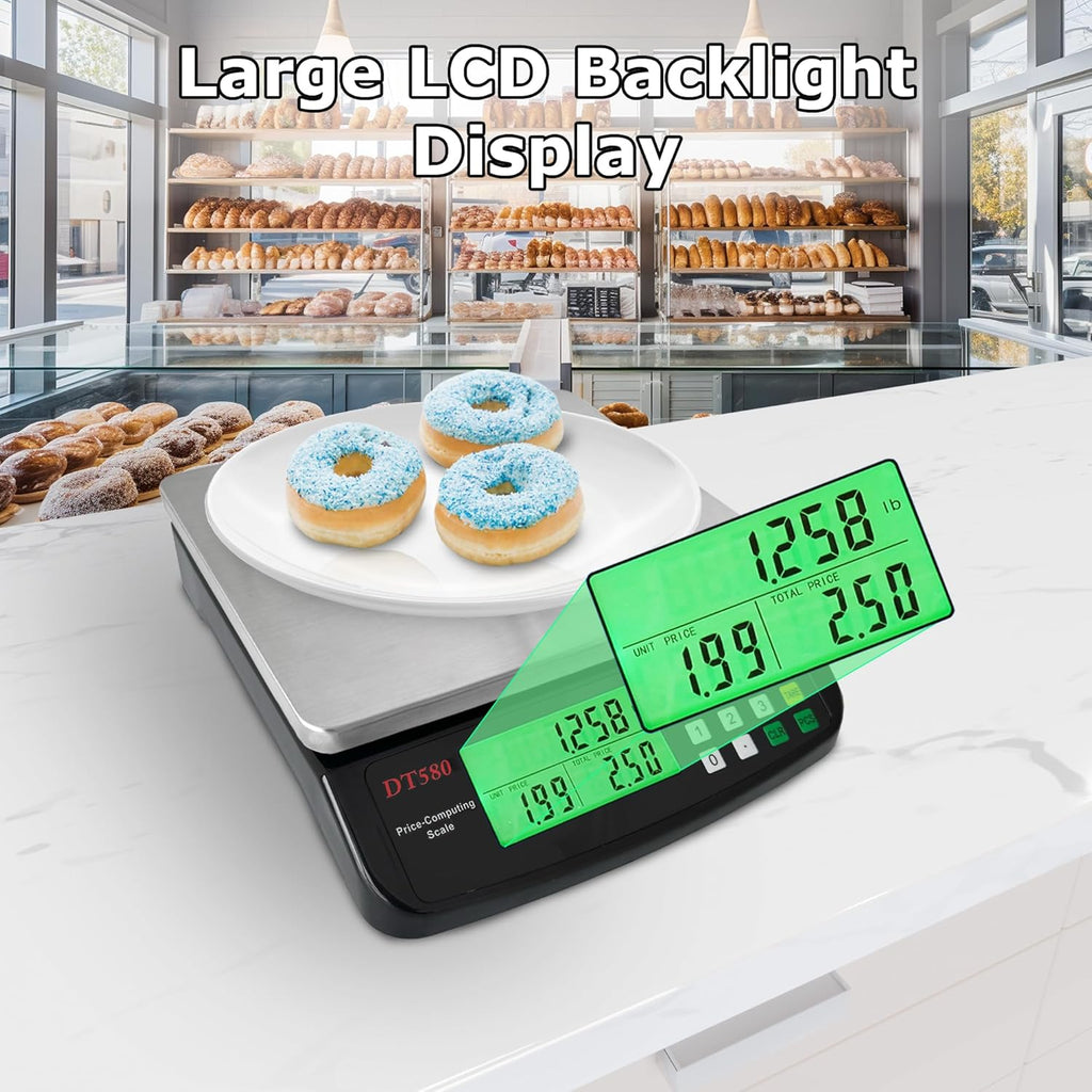 Large Digital Kitchen Scale 40kg/88lb Stainless Steel Price Computing Scale Counting Scale Deli Scale with LCD Display for Baking Bread Cooking Meat Prep Parts and Coins Adapter Included (Black)