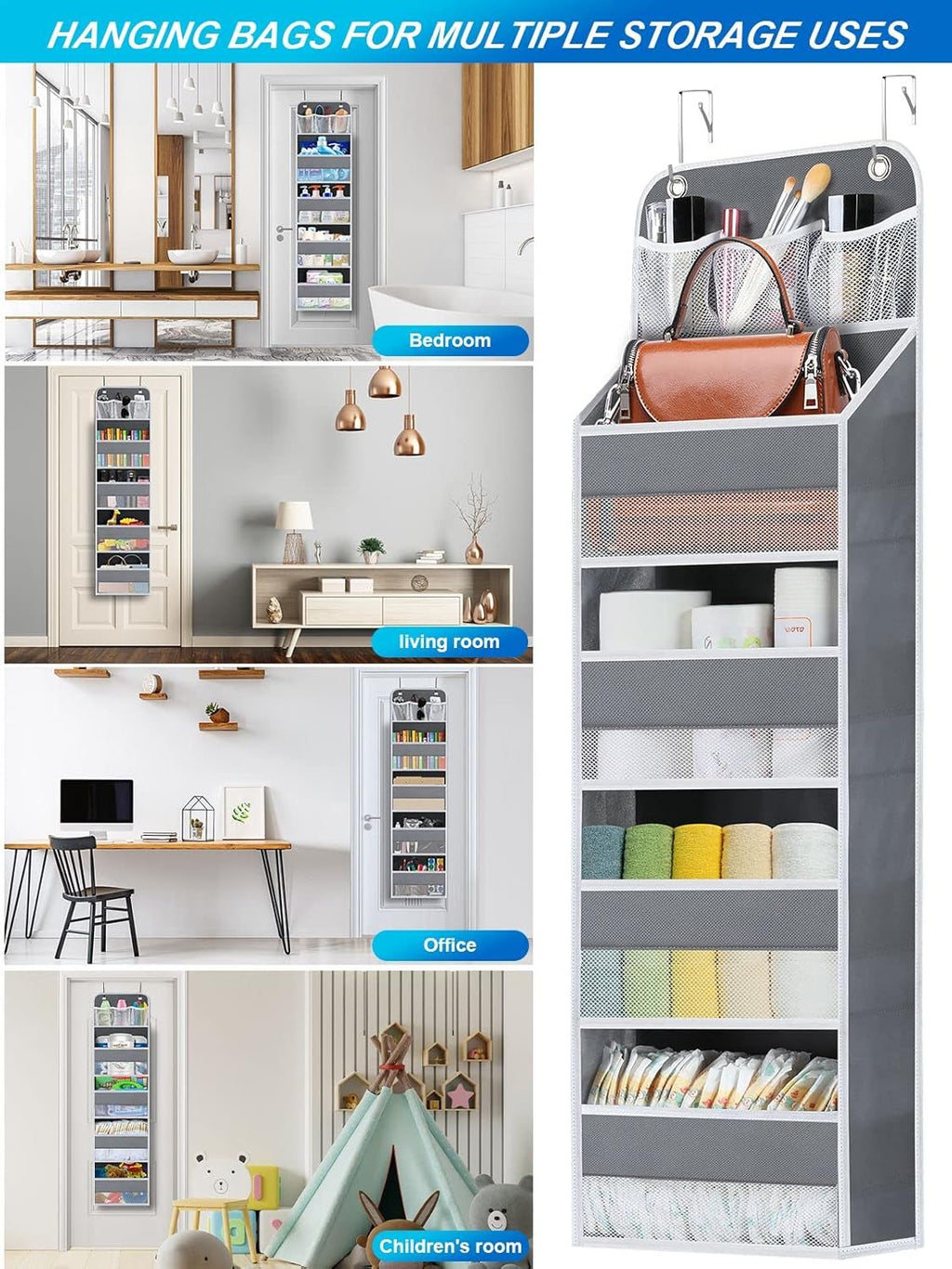 2 Pack Over The Door Organizer, Hanging Storage Organization with Large Capacity Pockets, Swing-Proof Behind Door Storage Shelf for Kicthen Bedroom Nursery Kids Toys Shoes, Grey