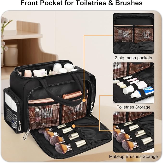 Travel Toiletry Bag for Women, Lightweight Wide-open Toiletries Travel Bag with Handle, Large Cosmetic Organizer with Makeup Brushes Compartment for Essentials for Trip, Camping - Black