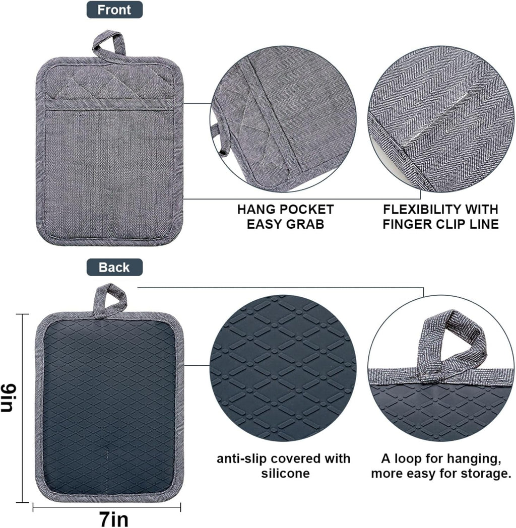 Pot Holders Yarn-Dyed Set of 3 Non Slip Silicone Kitchen Lines Heat Resistant 500℉ Kitchen Gloves BBQ Cooking Baking Women Men Cooking Barbecue Microwave Machine Washable (Gray Potholders)