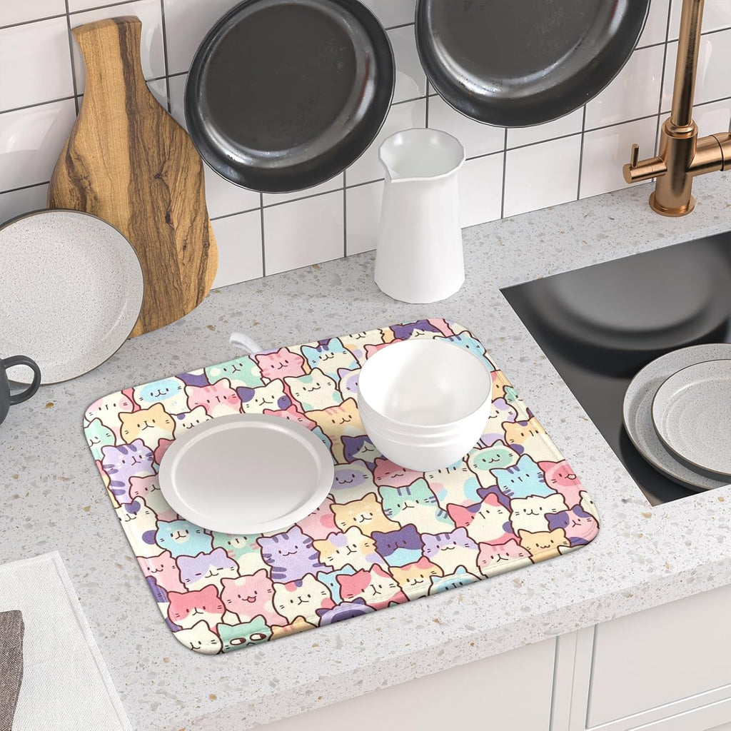Colorful Cats Dish Drying Mat 16x18 inch Cute Animal Microfiber Reversible Fast Dry Dishes Drainer Rack Pad for Counter Kitchen Table Decor