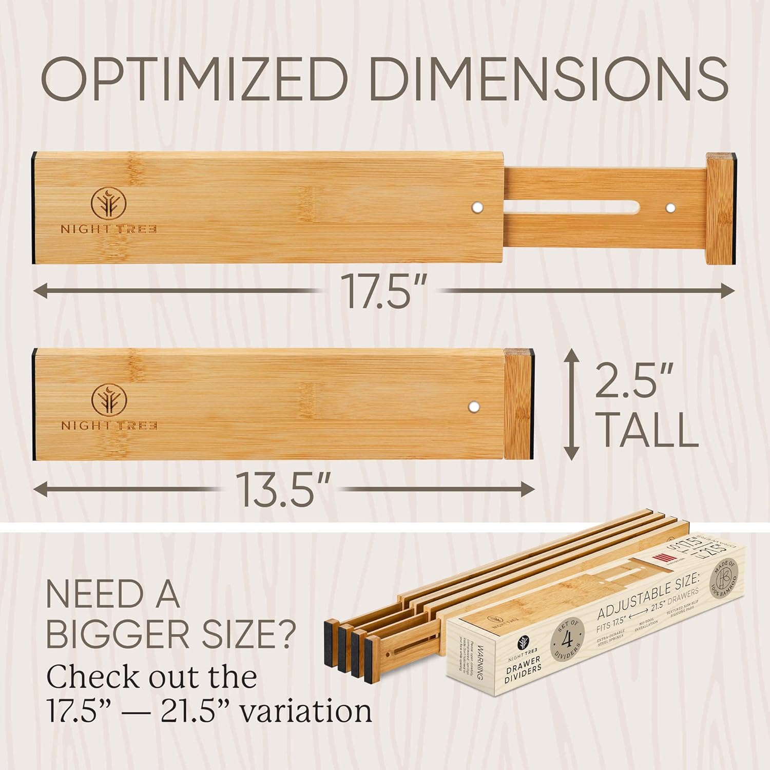 Night Tree Expandable Bamboo Drawer Dividers – Spring-Loaded Wooden Organizers for Clothes, Kitchen Utensils, Bathroom, and Dresser Drawers (13.5" to 17.5")