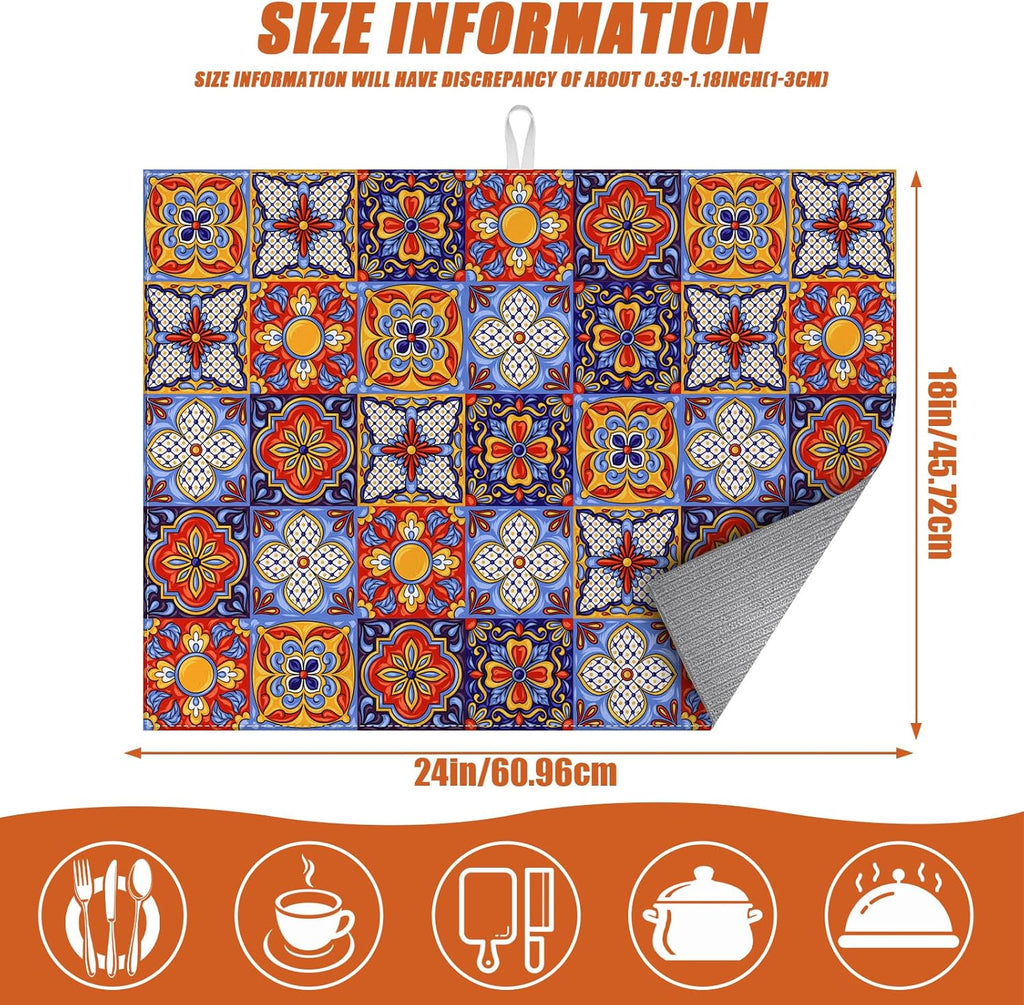 Talavera Mexican Tiles Dish Drying Mat for Kitchen Counter Microfiber Absorbent Dish Kitchen Drying Mat Draining Reusable Washable for Dishes/Utensils/Counterto